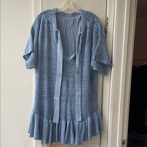 Light Blue Crochet Knit Dress with Tie Neck